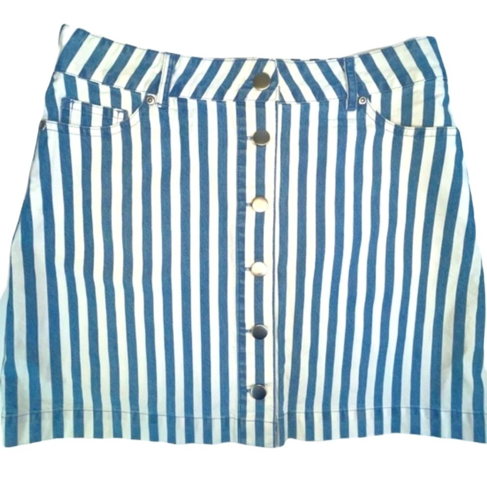 Forever 21 A-Line Snap Front Denim Skirt Blue White Stripe L